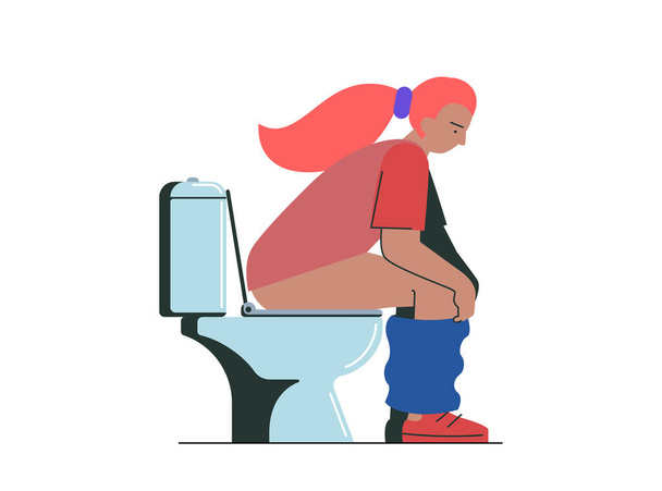 Thoughtful young woman pissing or pooping in WC. Girl sitting on toilet bowl in lavatory. Beautiful female person spending time in restroom. Vector eps illustration - Vector, afbeelding