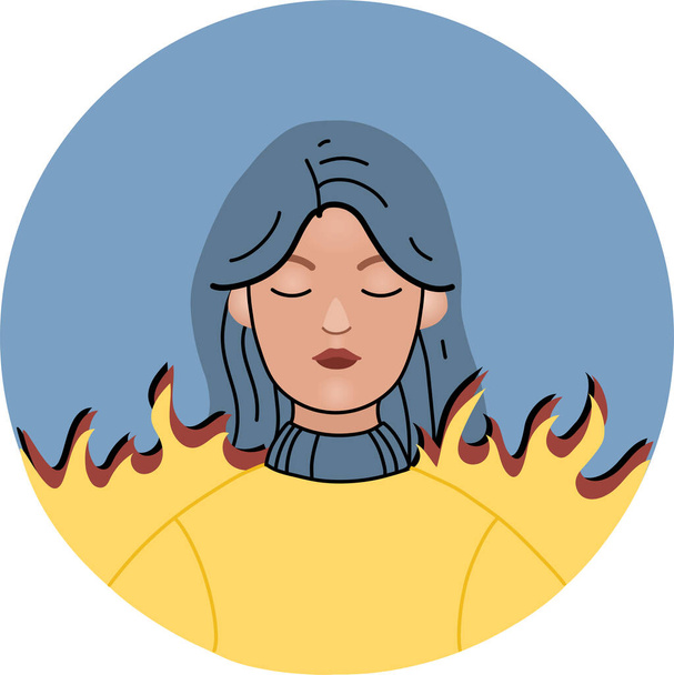 illustration of ukrainian woman with closed eyes near burning fire - Vector, Image