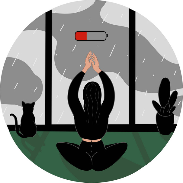 illustration of woman practicing yoga near battery symbol, cat and window in rainy day - Вектор,изображение