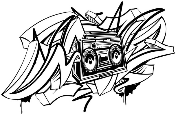 Black and white drawn boom box and graffiti arrows - Vecteur, image