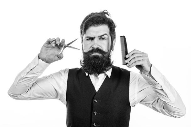 Bearded man, portrait of man with long beard and moustache. Barber scissors and comb for barber shop. Vintage barbershop, shaving. - Zdjęcie, obraz