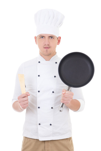 cuoco unico di giovane uomo bello in uniforme con padella isolato su w - Foto, immagini