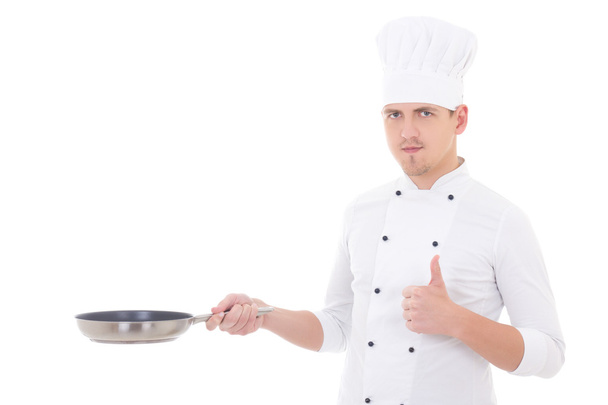 homem de uniforme chef polegares acima e exploração frigideira isolada na - Foto, Imagem