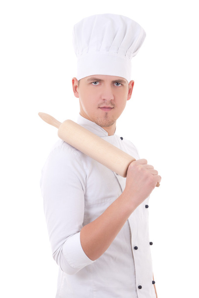 man in chef uniform with wooden baking rolling pin isolated on w - Φωτογραφία, εικόνα