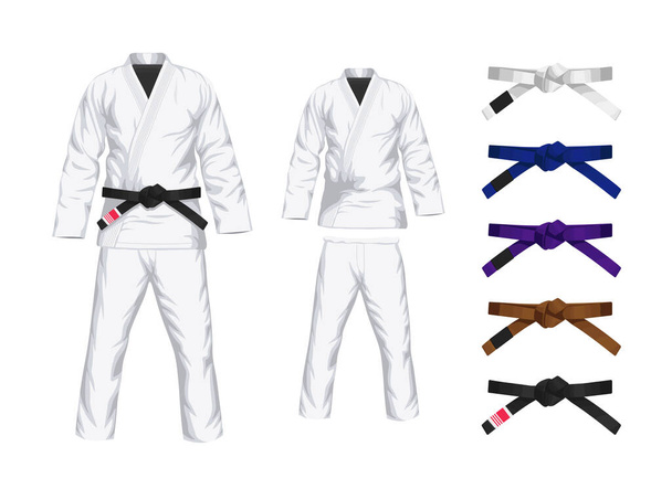 BJJ White Gi flat vector illustration. Kimono and pants with all belts  vector illustration in flat style. Brazilian Jiu-Jitsu kit. Isolated. on black background. - Wektor, obraz