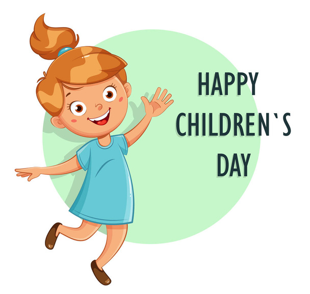 Happy Children's day greeting card. 1 June. Cute cheerful girl cartoon character. Stock vector illustration - Vector, Image