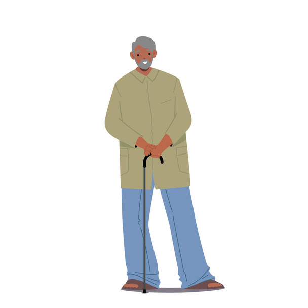 Yürüyen Çubuklu Yaşlı Kızılderili Adam yeşil uzun cübbe ve mavi pantolon giyiyor. Yaşlı Erkek Karakter Geleneksel Giysiler Giyer - Vektör, Görsel
