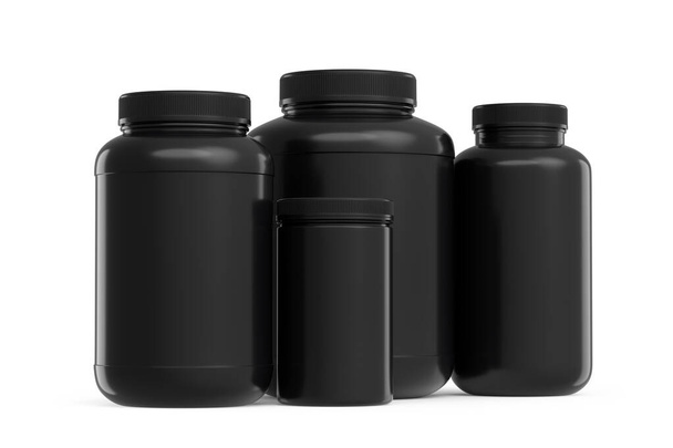 Set of black plastic jar for sport nutrition whey protein and gainer powder isolated on white background. 3d rendering of sport supplement for crossfit, trx and powerlifting workout - Foto, Imagem