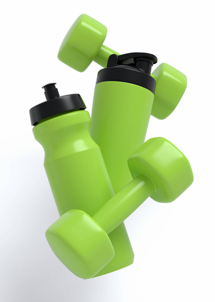 Isometric view of sport equipment like water bottle and dumbbell on white background. 3d render of power lifting and fitness concept - Foto, Imagen