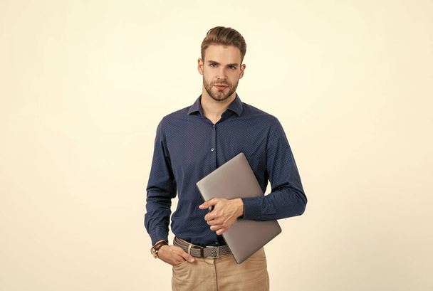 handsome man businessman hold laptop isolated on white, business - Fotoğraf, Görsel