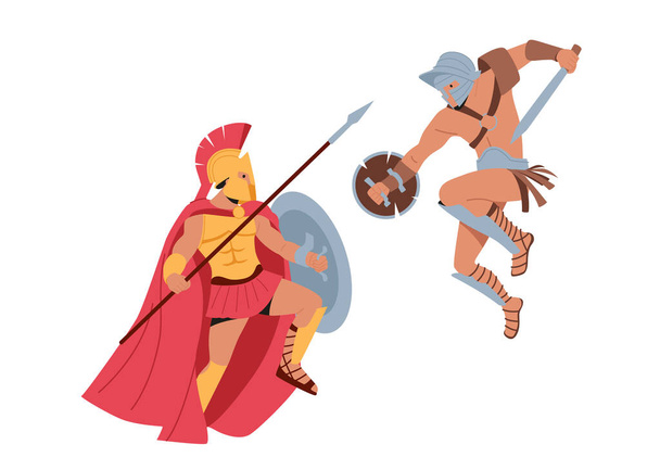 Λεγεωνάριοι Στρατιώτες, Ρωμαίοι Πολεμιστές, Μονομάχοι φορούν κράνος Holding Shield Fight στο Coliseum Arena. Αρχαία ιστορία - Διάνυσμα, εικόνα