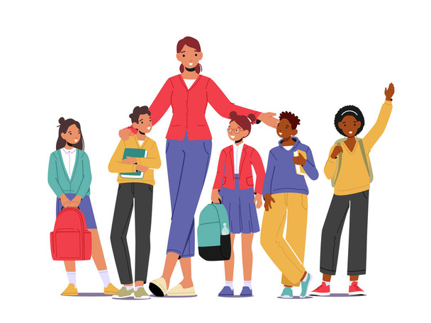 Back to School Concept with Young Smiling Woman Teacher and Group of Kids Stand in Row in Classroom. Elementary School - Vector, afbeelding