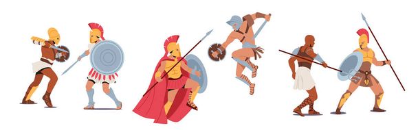 Set de personajes masculinos espartanos Soldados Legionarios, Guerreros Romanos Gladiadores sosteniendo escudo y lucha de armas en el Coliseo - Vector, imagen