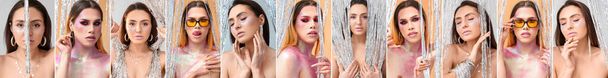 Set of fashionable transgender woman and young girl with glitters on body against colorful background - Foto, Imagem