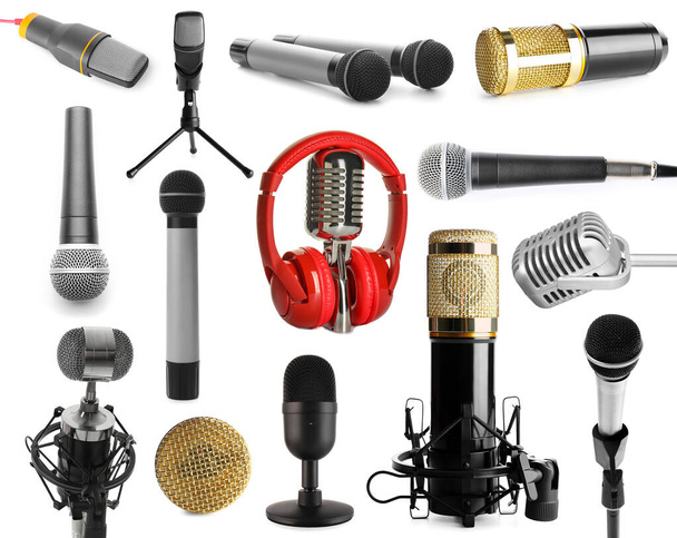 Set of different microphones isolated on white - Foto, immagini