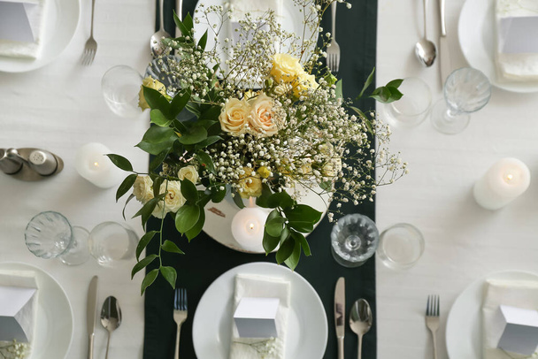 Beautiful table setting for wedding celebration, top view - Photo, Image