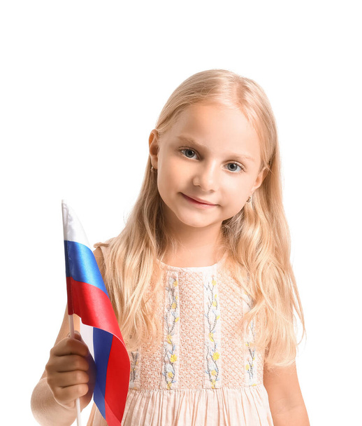 Aranyos kislány nemzeti zászló Oroszország fehér háttér - Fotó, kép