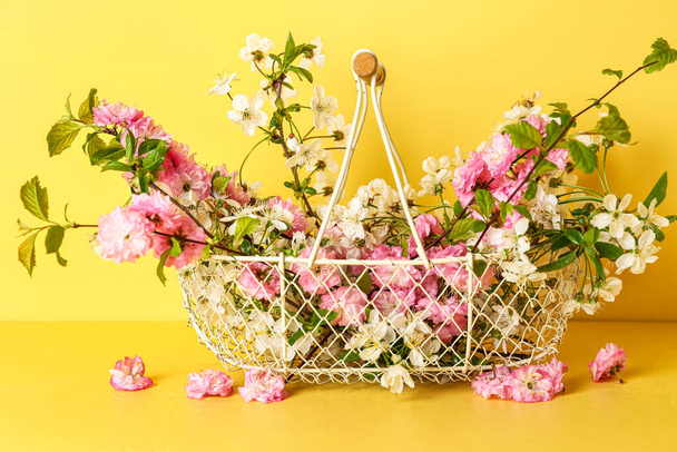 Basket with blooming branches on table near yellow wall - 写真・画像