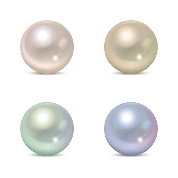 Sada čtyř vektorových iridescentních realistických perel různé barvy se stínem izolovaným na bílém pozadí. 3D nacre koule. Prvek slavnostního návrhu. - Vektor, obrázek