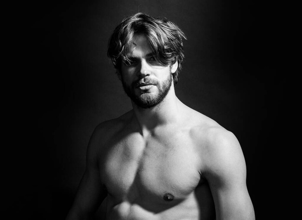 Portrait closeup of young sexy handsome man, male model, muscular hot boy, topless men. - Fotografie, Obrázek