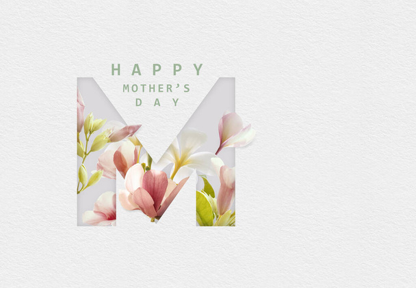 Joyeuse fête des mères Calligraphie avec fond de fleurs fleuries. Symboles d'amour avec espace de copie pour les textes. - Photo, image
