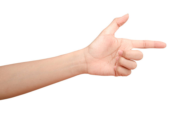 Cerrar la mano tocando o señalando algo aislado sobre fondo blanco con la ruta de recorte
. - Foto, Imagen