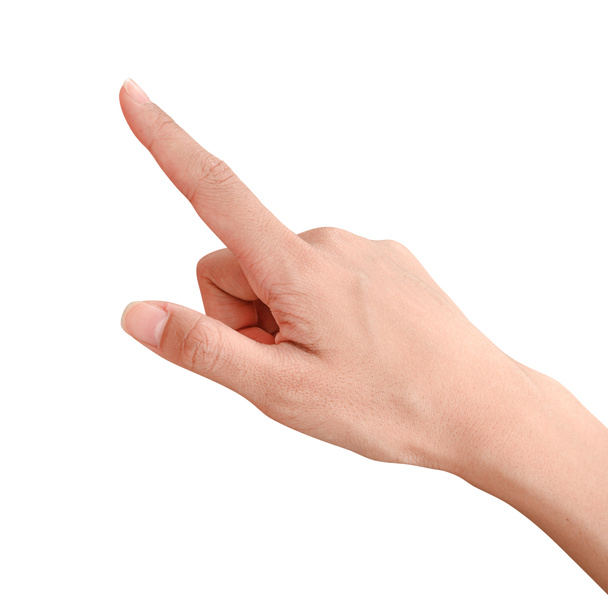 Крупним планом рука торкається або вказує на щось ізольоване на білому тлі з відсічним контуром
. - Фото, зображення