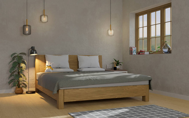 Modern minimal comfortable bedroom interior design with comfy wooden bed, lamp, indoor plants and decor, minimal grey wall and wooden floor. 3d rendering, 3d illustration - Photo, Image