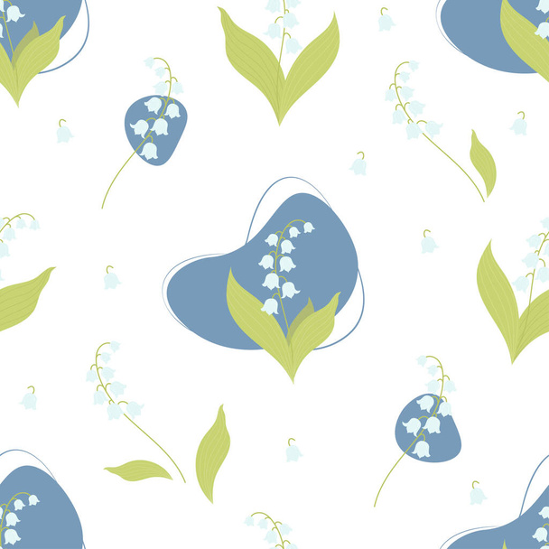 Seamless pattern with beautiful lilies of the valley and leaves on white background. Vector illustration. Spring pattern with forest may flower for design, packaging, decor and decoration, print - Vektor, kép