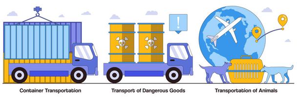 Container transportation, transport of dangerous goods, transportation of animals concepts with people characters. Freight distribution vector illustrations pack. Hazardous cargo shipment metaphor. - Vettoriali, immagini