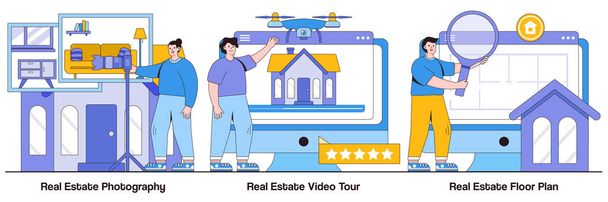 Real estate photography, video tour, floor plan concepts with people characters. Real estate listing services illustrations pack. Realty agency advertisement, open house, virtual staging metaphor. - Vecteur, image