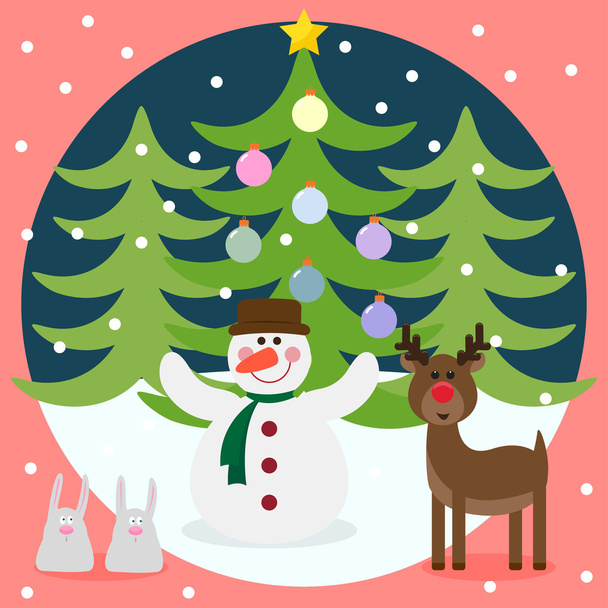 Komik geyik, kardan adam, tavşan ve cam tatil topları ile köknar kış Noel kartı - Vektör, Görsel