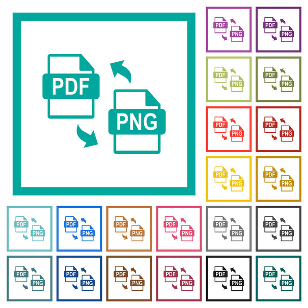 Conversión de archivos PDF PNG iconos de color plano con marcos de cuadrante sobre fondo blanco - Vector, imagen