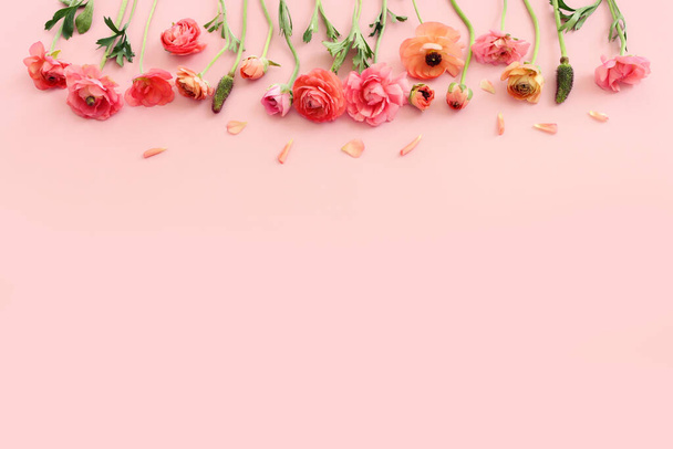 Top view image of pink buttercup flowers composition over pastel background - Φωτογραφία, εικόνα