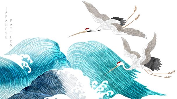 Crane birds vector. Japanese background with blue watercolor  texture painting texture. Oriental natural wave pattern with ocean sea decoration banner design in vintage style. - Vettoriali, immagini
