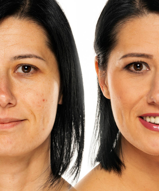 Comparison portrait of a woman without and with makeup on a white background - Photo, Image