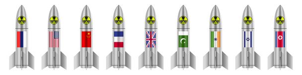 Atoombommen met vlaggen van nucleaire staten, vectorillustratie, geïsoleerd op witte achtergrond - Vector, afbeelding