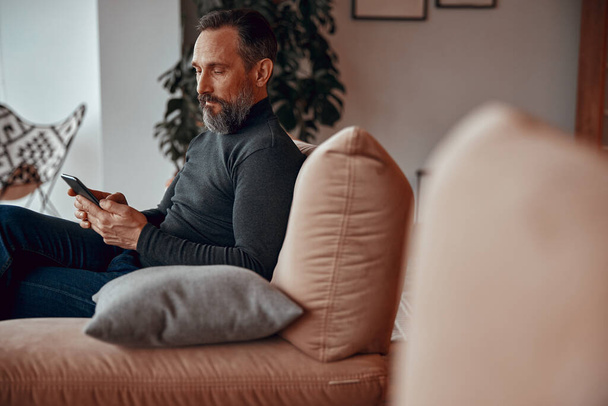 Bearded man typing message on phone in cosy armchair - Photo, image