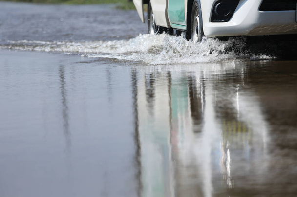 Car run through flood water after hard rain with water spray from the wheels .Stop action ( capture with the high speed shutter) and selective focus. - 写真・画像