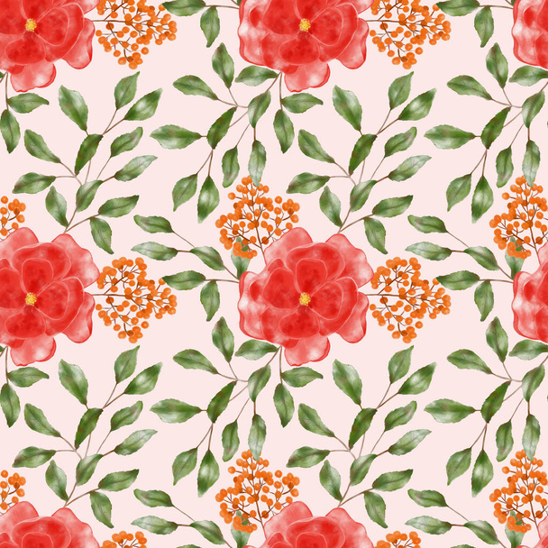 Seamless pattern with rose flowers and leaves, berries. Floral background with roses. Flowers are drawn by hand. Illustration for wallpaper, textiles and stationery Roses on a pink background. - Zdjęcie, obraz