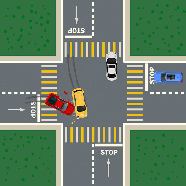 Road accident between two cars. Crash on city crossroad top view. Street junction and wreck auto. Broken vehicles after collision in intersection. Traffic regulations. Rules of road. Traffic violation of priority turn. Stock vector illustration - Vecteur, image