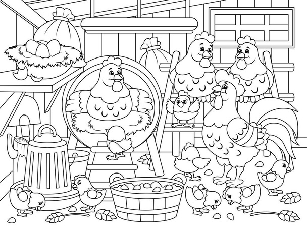 Agricultural premises, chicken coop. Farm bird, chicken family. Raster illustration, children coloring book. - Photo, image