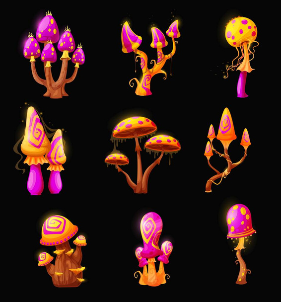 Fantasía de hadas hongos mágicos, setas luminosas y amanita tóxica de bosque fantástico. Hongos aislados de color rosa o púrpura y amarillo dorado con tapas y esporas hongos con gotas venenosas ácidas - Vector, Imagen