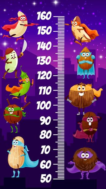 Nuts superhero and defender characters on kids height chart. Child growth measure meter vector ruler with funny coconut and macadamia, coffee and smiling walnut, peanut, beans or pea, almond - Vector, Image