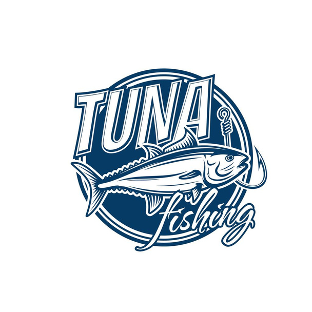 Tuna fishing vector icon of Atlantic bluefin, yellowfin, skipjack or albacore tuna fish with fishing sport hook. Isolated round symbol design with saltwater fish and fisherman or angler tackle - Vector, Image