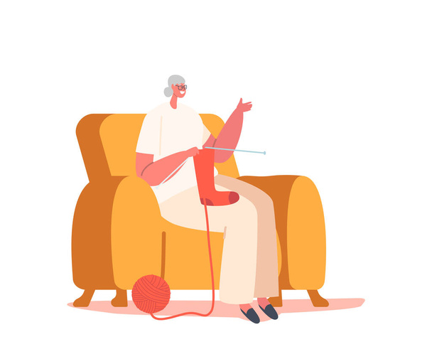 Grandmother Enjoying Knitwork Leisure. Senior Woman Sitting on Sofa in Living Room Knitting Clothing or Socks - Vektor, kép