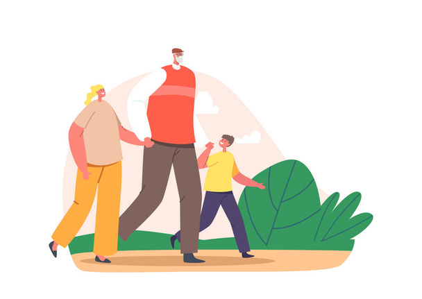Grandfather Walk with Grandchildren in Park. Happy Family Characters Grandpa with Girl and Boy Spend Time Together - Vector, Image