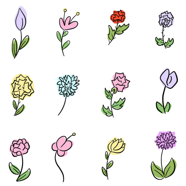 Rajzfilm Doodle Wildflower Virágos vázlatok vektor ikon tervezés - Vektor, kép