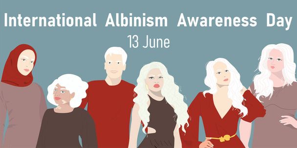 Διεθνής Ημέρα Συνείδησης Albinism. Πολυεθνική ομάδα λευκοπαθικών. - Διάνυσμα, εικόνα