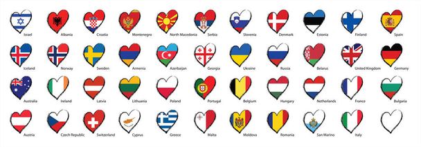 Love hearts flag in eurovision style. flag and different countries flags with heart flags logo. For Europe, eurovision music song festival, contest. Music songs for vision dreams. Vector euro TV icon  - Wektor, obraz